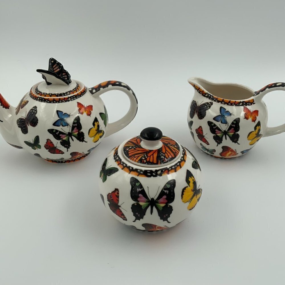 Vtg 2007 Paul Cardew Butterflies Teapot, Creamer, Sugar Bowl & Lid England